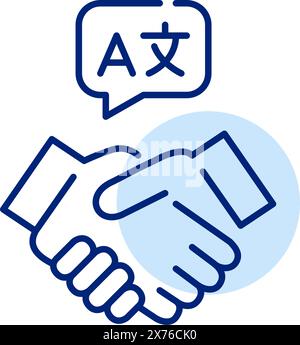 Handshake and speech bubble with languages symbols. Global communication and language exchange. Pixel perfect icon Stock Vector