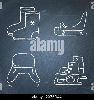 Russian traditional winter symbols on chalkboard. Cold weather clothes, ice skate and sleigh icons. Vector illustration. Stock Vector