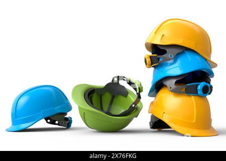 Heap of safety helmets or hard caps on white background. 3d render and illustration of tool for carpentry work or labor headwear Stock Photo