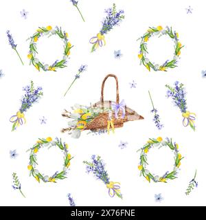Hand-drawn watercolor illustration. Seamless Provence pattern with lavender, wicker basket, floral wreaths, yellow tulips, willow branches Stock Photo