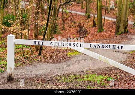 Path through a forest near Nijmegen, The Netherlands, with a white fence with the text "Landscape of Gelderland" in Dutch Stock Photo