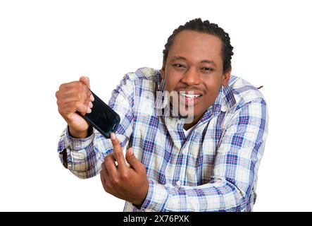unhappy man showing his broken phone glass screen Stock Photo