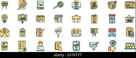 Market studies icons set outline vector. Economic analysis. Balance buget thin line color flat on white Stock Vector