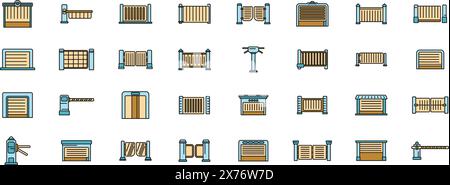 Automatic gate icons set outline vector. Electric door. Garage rolling thin line color flat on white Stock Vector