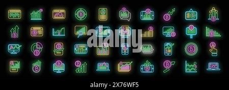 Bitcoin chart icons set outline vector. Benefit fintech. Cash coin neon color on black Stock Vector