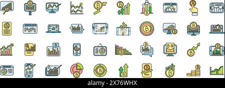 Bitcoin chart icons set outline vector. Benefit fintech. Cash coin thin line color flat on white Stock Vector
