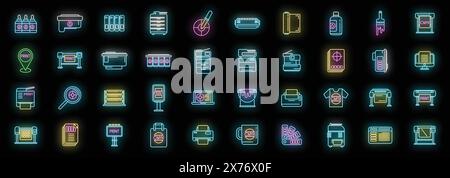 Digital printing icons set outline vector. Computer printer. Paper digital neon color on black Stock Vector