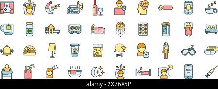Sleep problems icons set outline vector. Sleep mask. Dream trouble thin line color flat on white Stock Vector