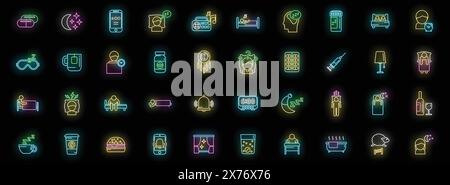 Sleep problems icons set outline vector. Sleep mask. Dream trouble neon color on black Stock Vector