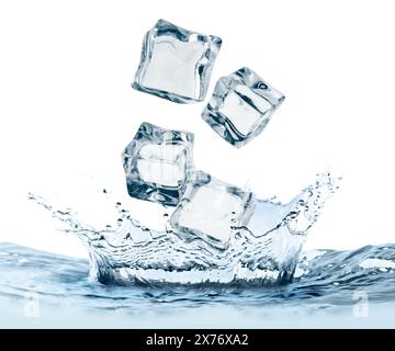 Ice cubes falling into water on white background Stock Photo - Alamy