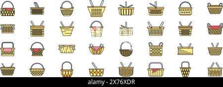 Picnic basket icons set outline vector. Fruit hamper. Food wicker thin line color flat on white Stock Vector