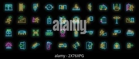 Human evacuation icons set outline vector. Emergency exit. Escape door neon color on black Stock Vector