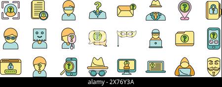 Anonymous icons set outline vector. Human hidden. Identity information thin line color flat on white Stock Vector