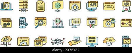 API icons set outline vector. Code develop. Computer software thin line color flat on white Stock Vector