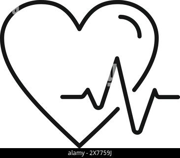 Black and white vector illustration of a heartbeat line merged with a heart shape, representing health Stock Vector