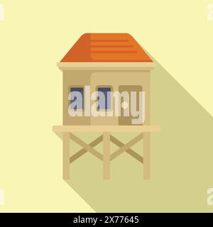 Cartoon illustration of a colorful stilt house on wooden pilings, elevated above a tropical coastal zone, providing safe and floodresistant living Stock Vector