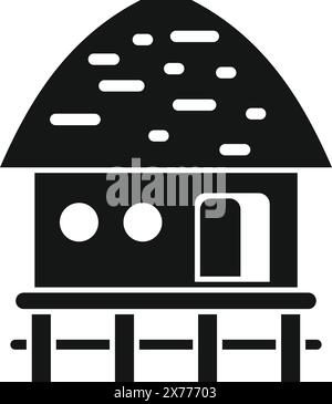 Traditional stilt house silhouette with elevated graphic black and white tropical dwelling design. Vector icon. And simple illustration on pilings Stock Vector