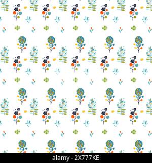 Seamless folk illustration featuring simple, Flat boho, childish bright green, malachite, yellow decorative flowers, trees, yellow leaves White backgr Stock Vector