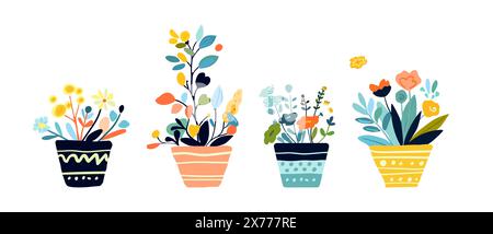 Charming vector illustration featuring whimsical potted plants and flowers in bright, vibrant colors. Perfect for spring designs, greeting cards, and Stock Vector