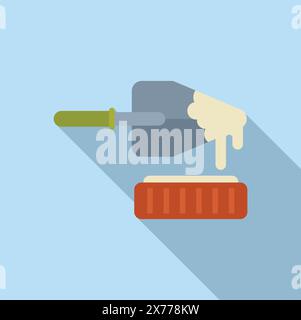 Vector illustration of a hand with a construction trowel and brick, on a blue background Stock Vector