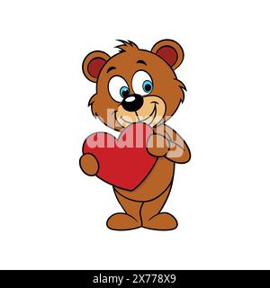 A brown cartoon bear holding a red heart Stock Vector