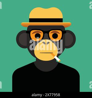 A monkey with a hat, glasses, and a cigarette in its mouth. Stock Vector