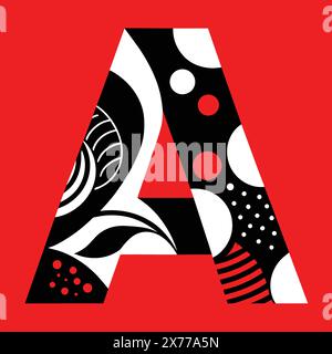 The letter A in black and white with abstract patterns on a red background. Stock Vector