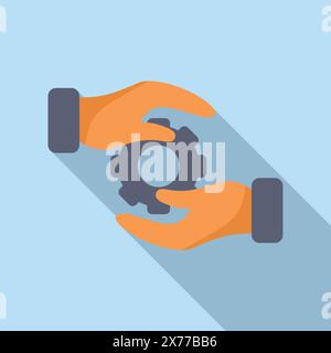 Handheld gear icon illustration in flat design vector with hands holding mechanical cogwheel. The editable element also represents organization and control in the technical field Stock Vector
