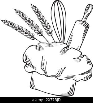 Chefs hat, baking tools and wheat ears. Professional uniform headdress. Vector illustration linear, isolated. Kitchenware for cooking job Template for Stock Vector
