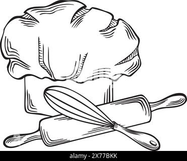 Baking tools and Chefs hat. Rolling pin with whisk. Professional headdress, kitchenware for cooking. Vector illustration linear, isolated on white Tem Stock Vector