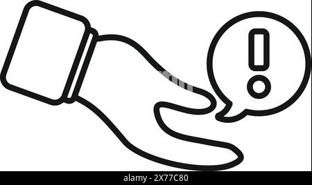 Line art illustration of a hand holding a speech bubble with an exclamation point, symbolizing alert or attention Stock Vector