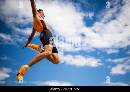 Gotzis, Austria. 18th May, 2024. Swiss Simon Ehammer pictured in action during the men's decathlon event on the first day of the Hypo-Meeting, IAAF World Combined Events Challenge, in the Mosle stadium in Gotzis, Austria, Saturday 18 May 2024. BELGA PHOTO JASPER JACOBS Credit: Belga News Agency/Alamy Live News Stock Photo