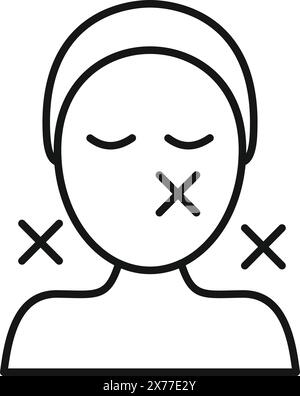 A linear icon depicting a female figure with crossed marks on her mouth and cheeks Stock Vector