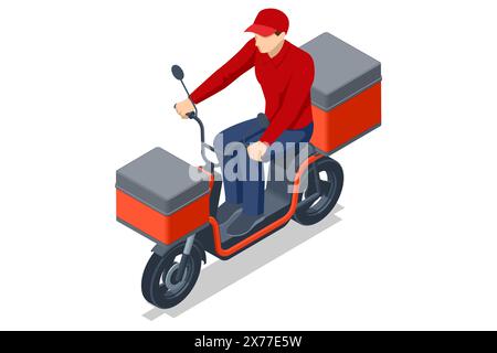 Isometric Red Delivery Motorcycle, Delivery man riding a red scooter . Food and beverage delivery scooter. Lifelike motorcycle featuring an bag, ideal Stock Vector