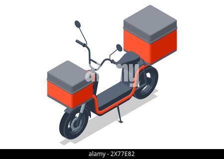 Isometric Red Delivery Motorcycle. Food and beverage delivery scooter. Lifelike motorcycle featuring an empty bag, ideal for restaurant and cafe Stock Vector
