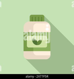 Flat design icon of a supplement bottle with a leaf symbol, on a soothing pastel backdrop Stock Vector