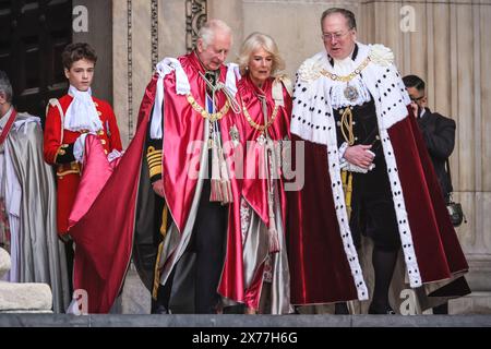 L-t-R Lord Oliver Cholmondeley, King's Page of Honour, King Charles III, Queen Camilla, Michael Mainelli, Lord Mayor City of London, UK Stock Photo