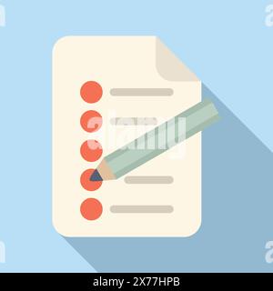 Minimalistic flat design of a checklist document with red marks and a green pencil on a blue background Stock Vector