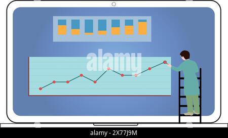 Man on a ladder in front of a laptop screen with magnifying glass on a graphic Stock Vector
