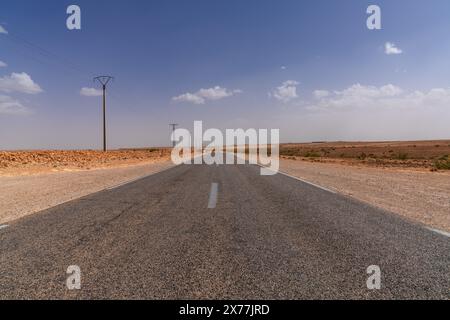 An endless desert highway and power lines leading through the rock and sand desert of southwestern Morocco Stock Photo