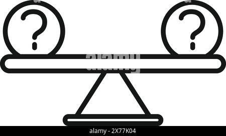 Black and white vector of a balance scale with question marks, symbolizing decision making or uncertainty Stock Vector