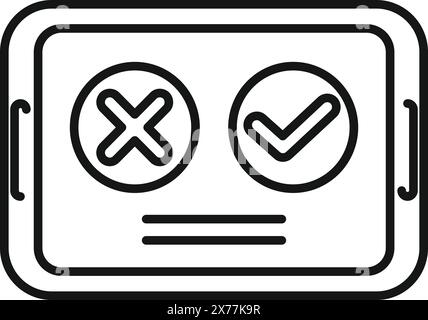 Black and white line art illustration of a smartphone displaying a checkmark and cross Stock Vector