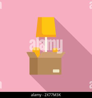 Flat design vector of a lamp emerging from an open cardboard box on pink background Stock Vector