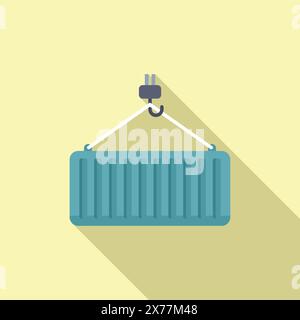 Vector illustration of a blue shipping container suspended from a hook, with a shadow, on a yellow backdrop Stock Vector