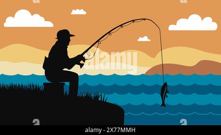 Fisherman fishing scene in flat retro style. vector illustration. Stock Vector