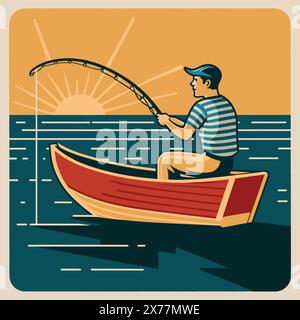 A fisherman is fishing in a boat with the sun shining on the water retro style Stock Vector