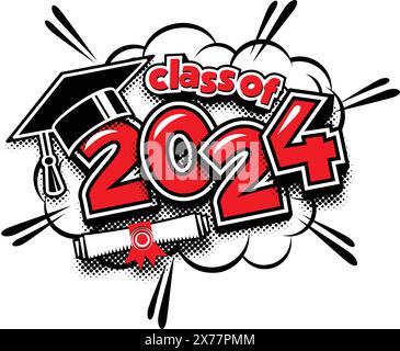 2024 class graduate header. Decorate congratulation for school graduates in comic cartoon style. Vector on transparent background Stock Vector