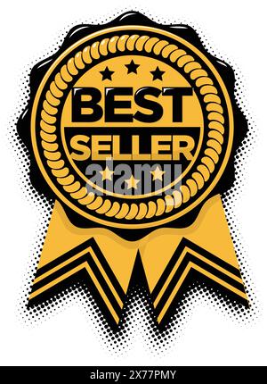 Best seller sticker label with medal gold ribbon. Fit for mark best seller product, book cover label. Vector on transparent background. Stock Vector
