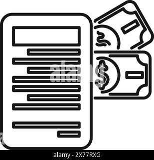 Black and white icon illustrating budget planning with paper document and cash symbols Stock Vector