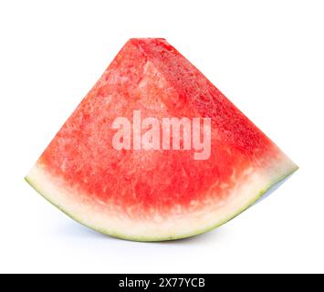 Front view of red watermelon slice is isolated on white background with clipping path. Stock Photo